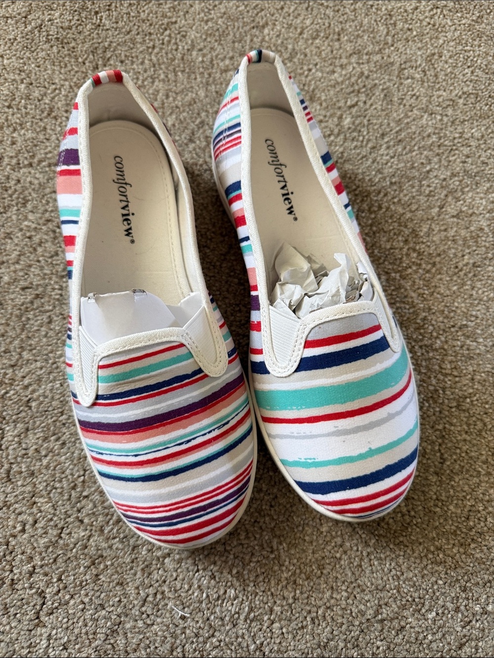 comfortview White Canvas Slip-Ons with Multicolor Stripes 7Ww